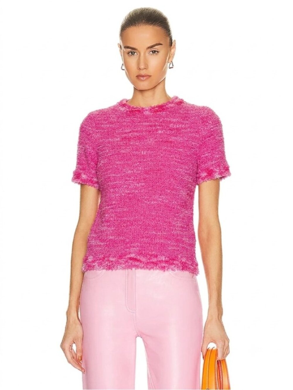 Kate Spade TWEED Pink Fuchsia Texture Knit fringe Short Sleeve crew blouse top S
